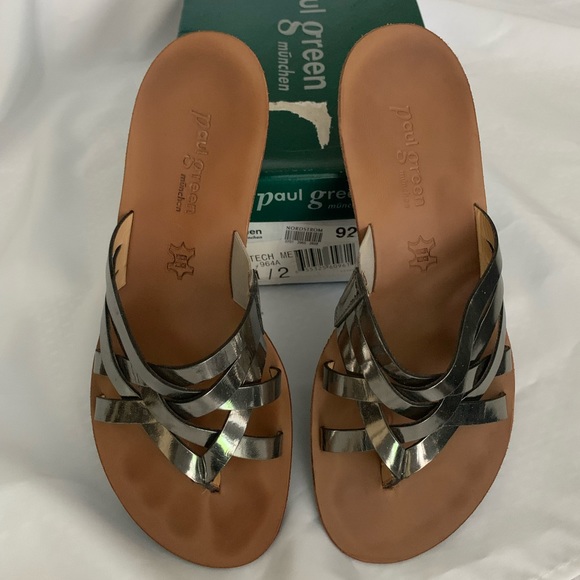 Paul Green Silver Leather Low Wedge Sandal Size 71/2 - Picture 3 of 7